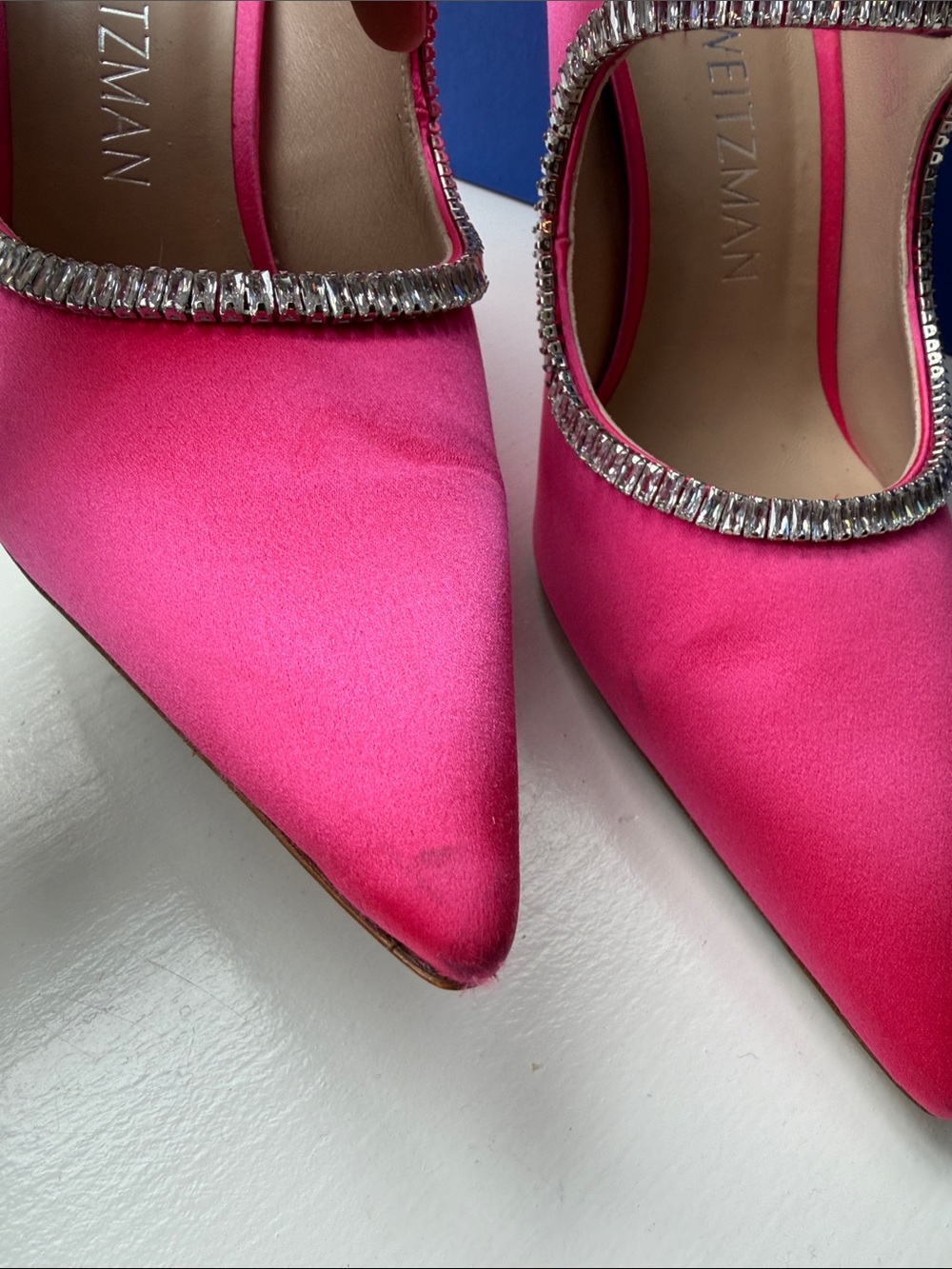 Stuart Weitzman Magenta Curve Satin Crystal-Trim Pointed-Toe Heels - Picture 4 of 13